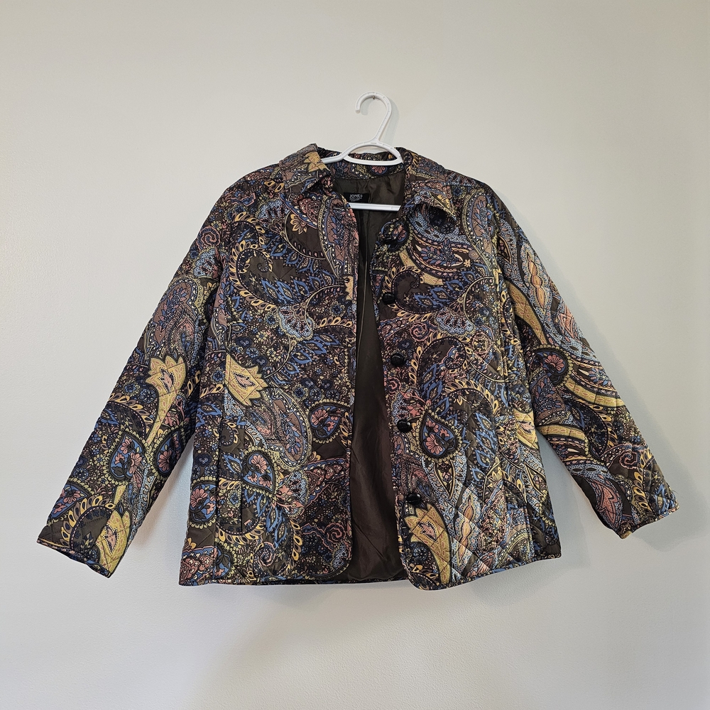 Jones New York Olive Green Quilted Puff Jacket Paisley Boho Medium Lightweight